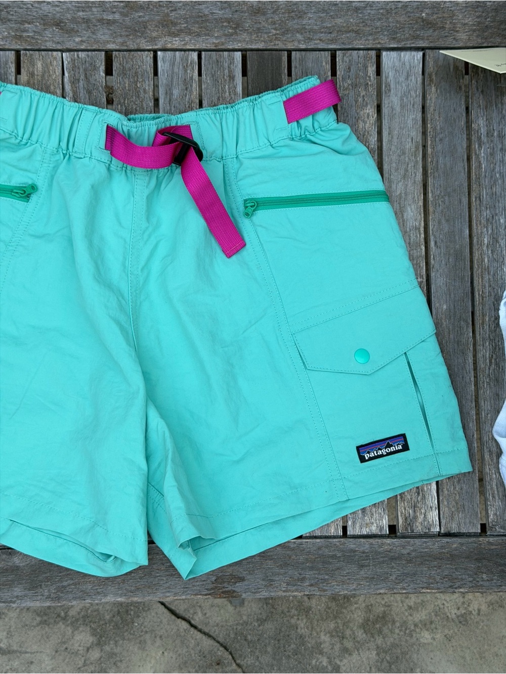 Patagonia Women's Teal Shorts with Pink Belt